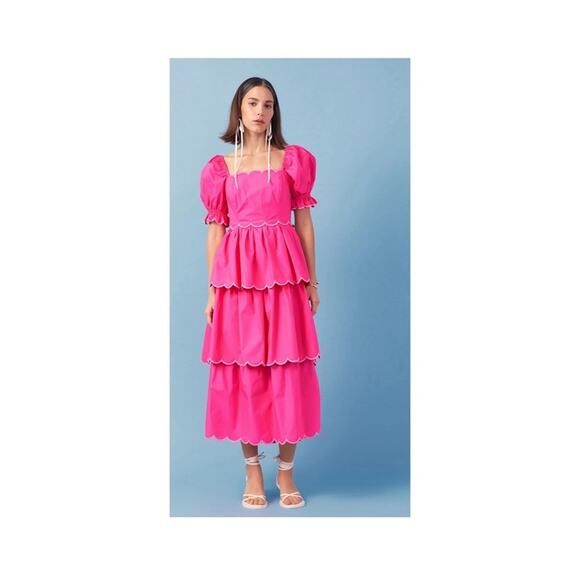 NWT English Factory Viral Sold Out Scallop Tiered Midi Dress Pink L - Picture 1 of 5